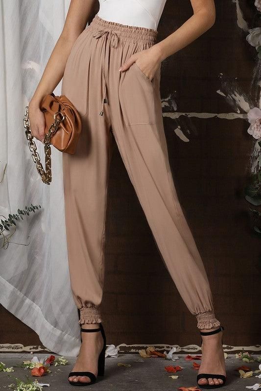 SMOCKING WAIST AND BOTTOM BANDED JOGGER PANTS - Doublju