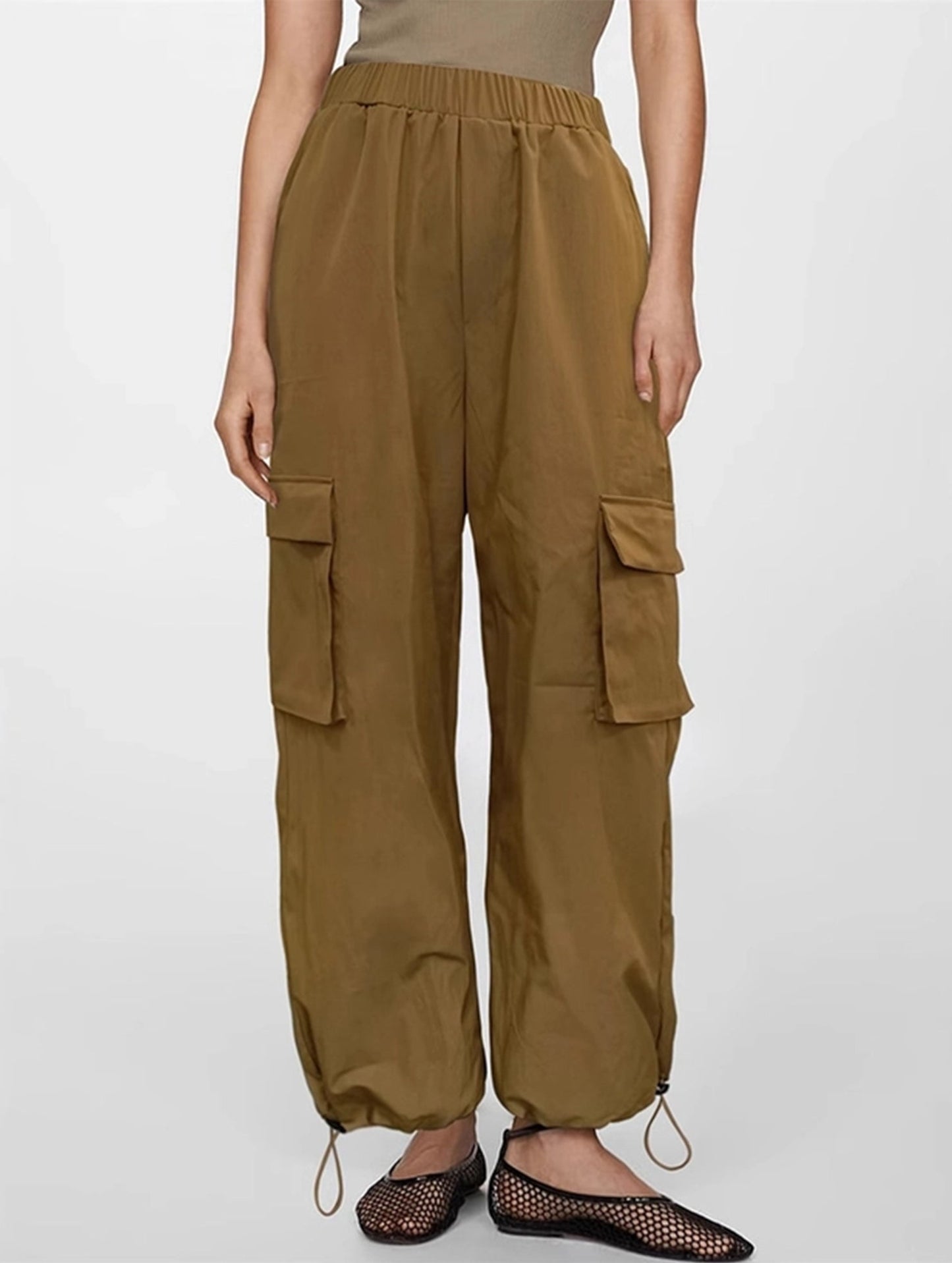 Casual loose cargo pants with ankle elastic strap