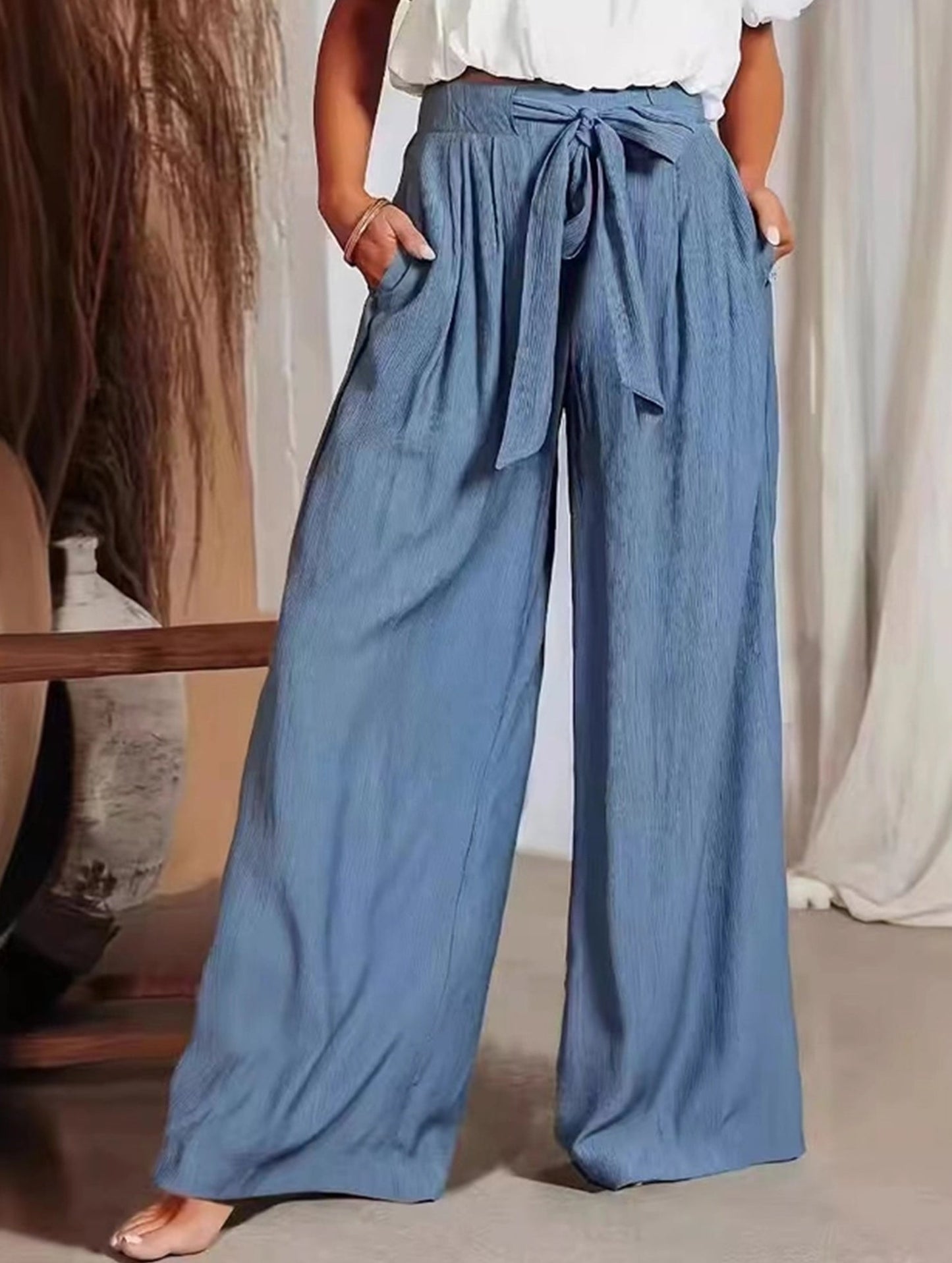 Draped High-Waisted Belted Trousers ??Straight-Leg Fit