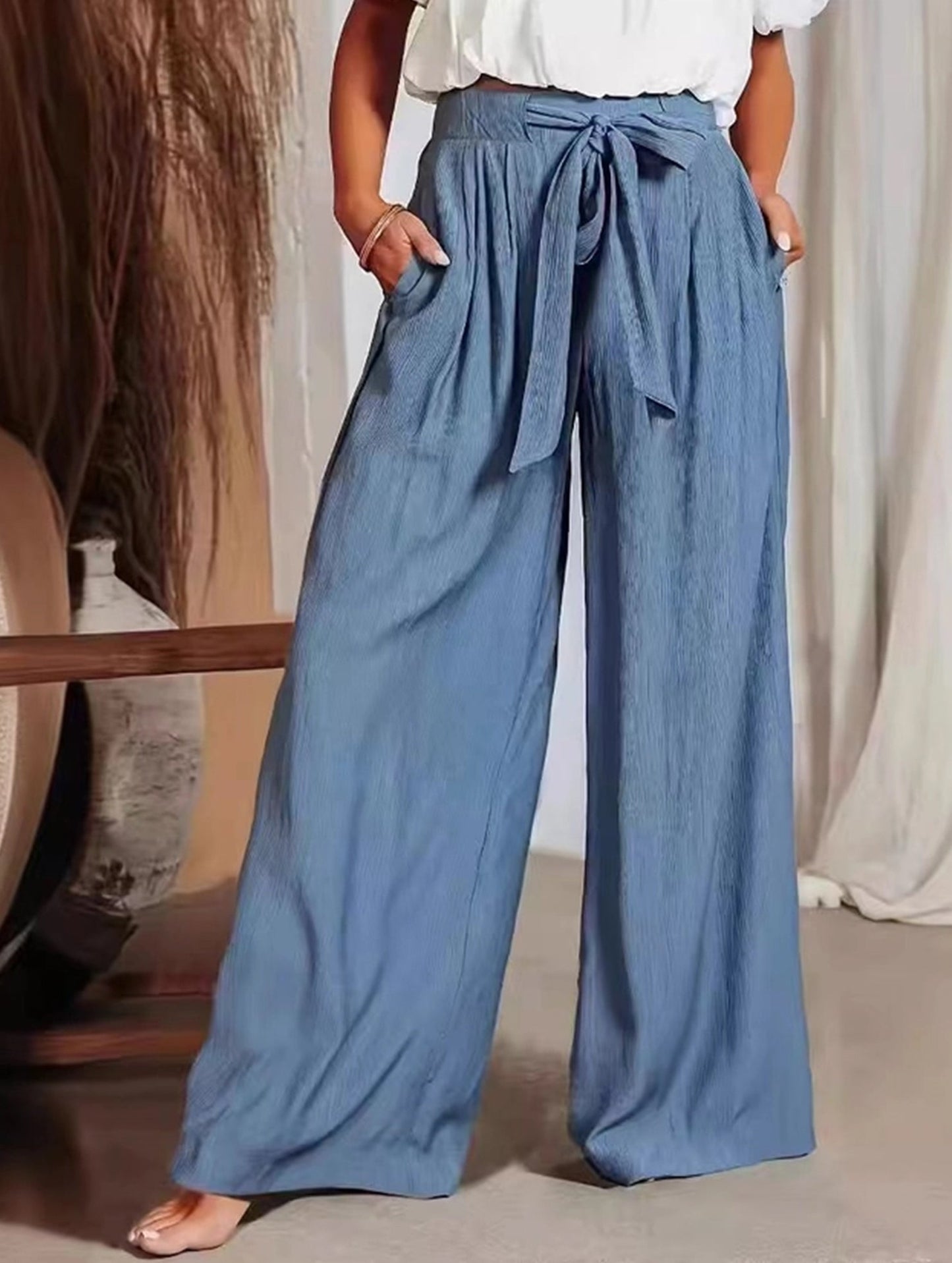 Draped High-Waisted Belted Trousers ??Straight-Leg Fit