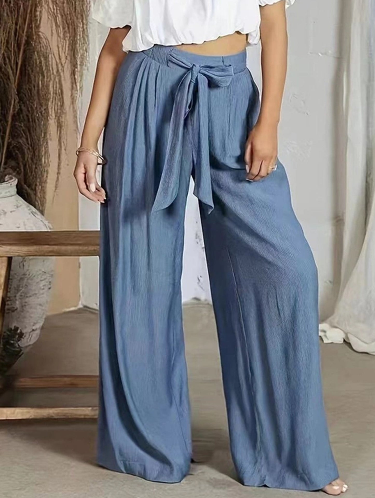 Draped High-Waisted Belted Trousers ??Straight-Leg Fit