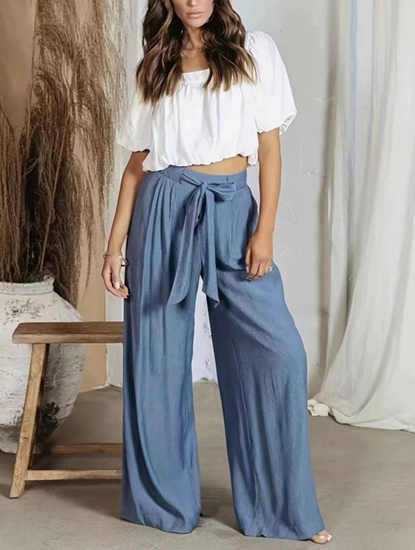 Draped High-Waisted Belted Trousers ??Straight-Leg Fit
