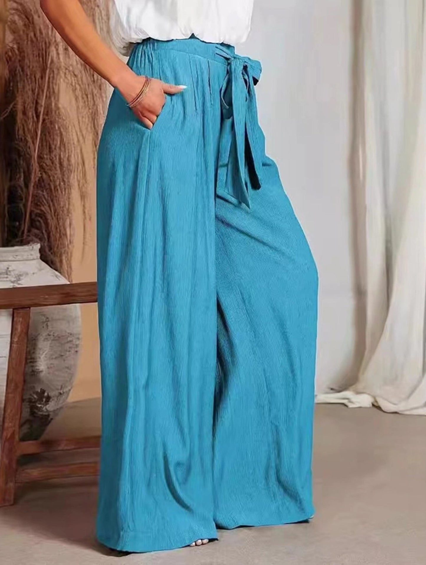 Draped High-Waisted Belted Trousers ??Straight-Leg Fit