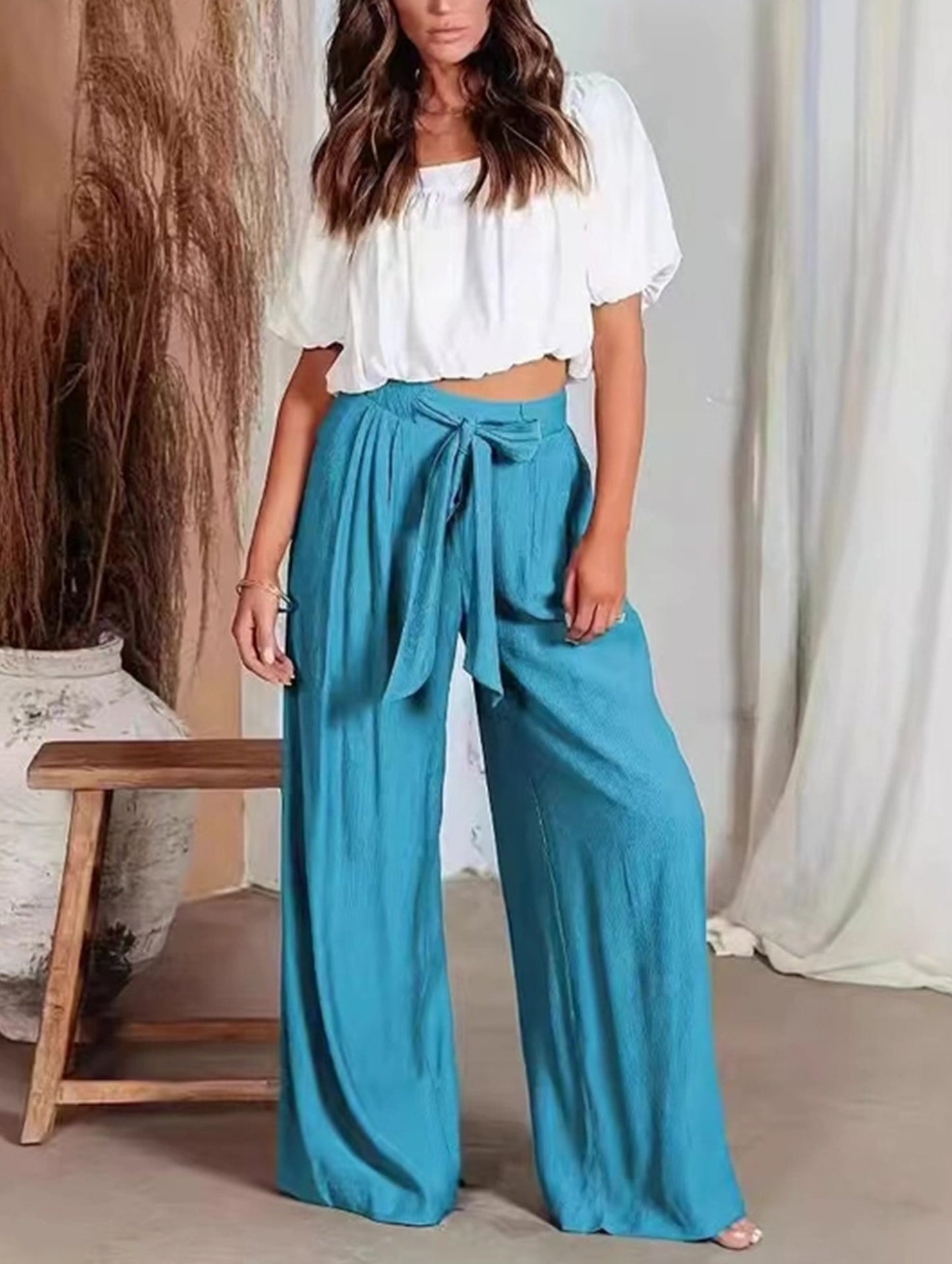 Draped High-Waisted Belted Trousers ??Straight-Leg Fit