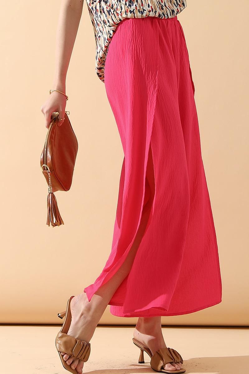 BANDED FRONT OPENING SLIT LEG WIDE PANTS - Doublju