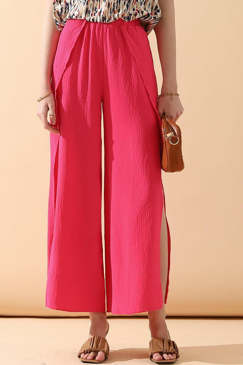 BANDED FRONT OPENING SLIT LEG WIDE PANTS - Doublju