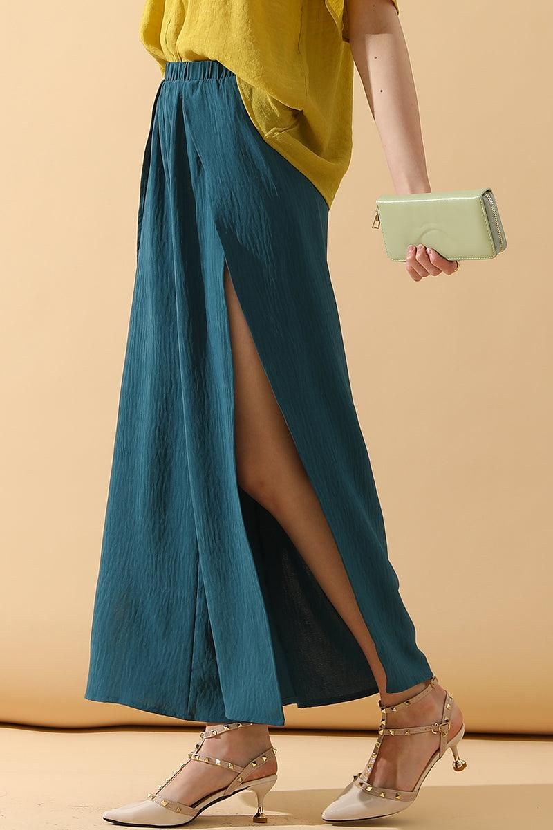 BANDED FRONT OPENING SLIT LEG WIDE PANTS - Doublju