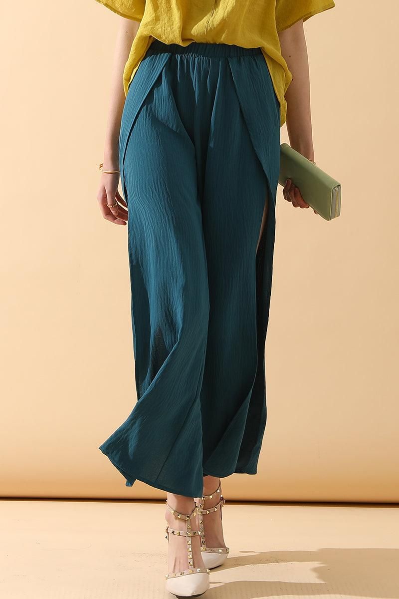 BANDED FRONT OPENING SLIT LEG WIDE PANTS - Doublju
