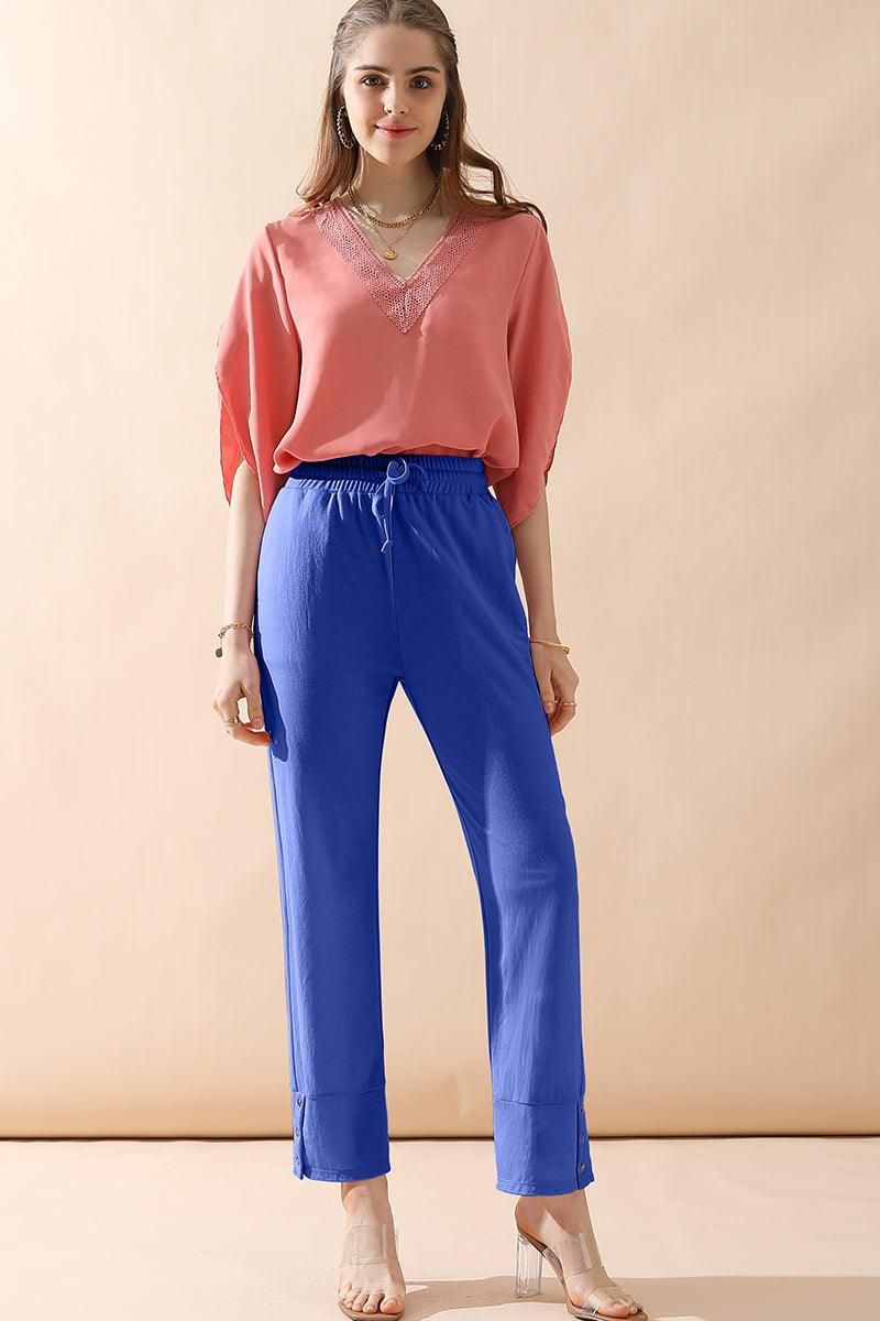 BANDED LONG LEG STRAGHIT PANTS WITH POCKET - Doublju