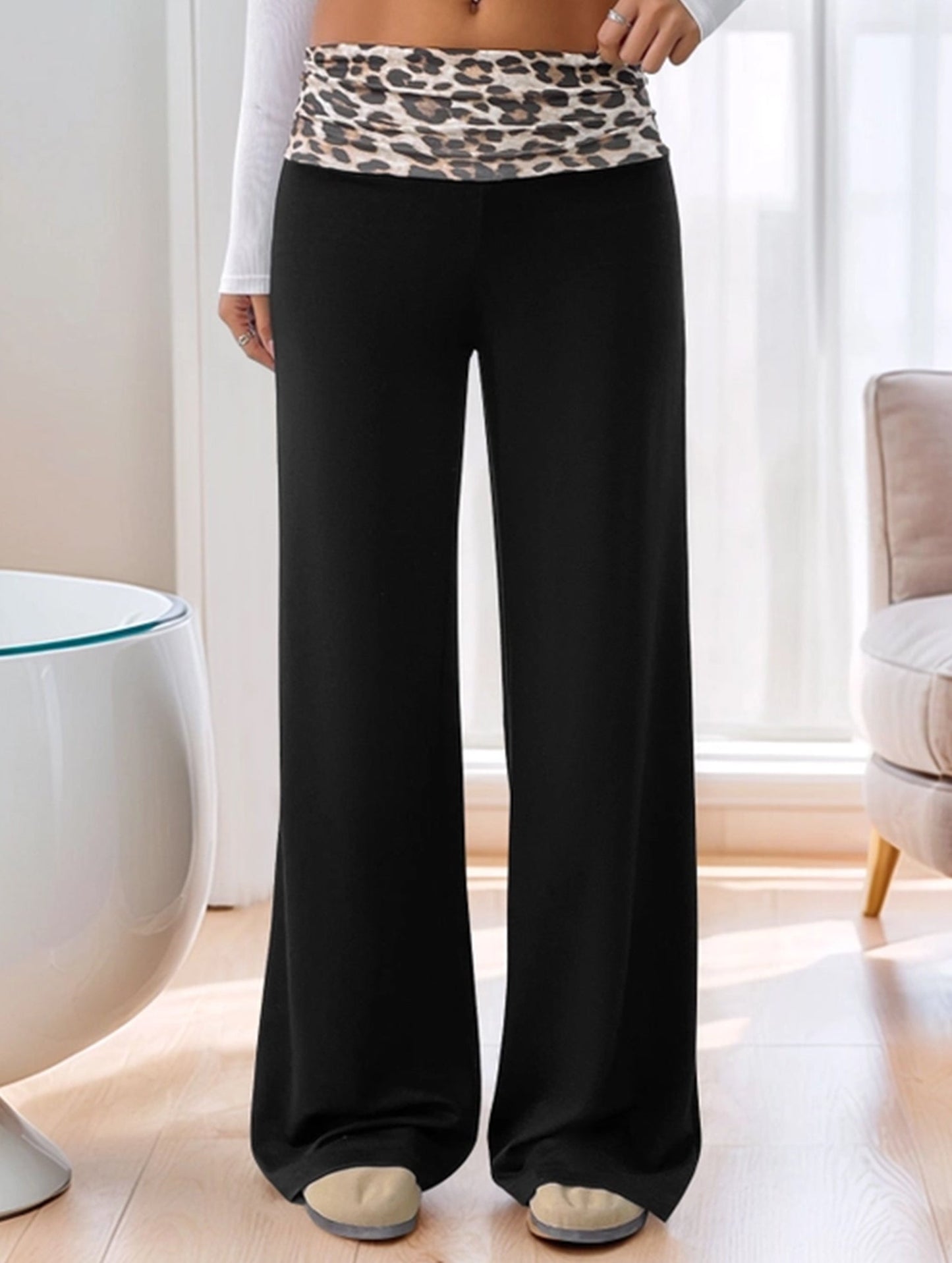 Color-blocking leopard print wide-leg pants