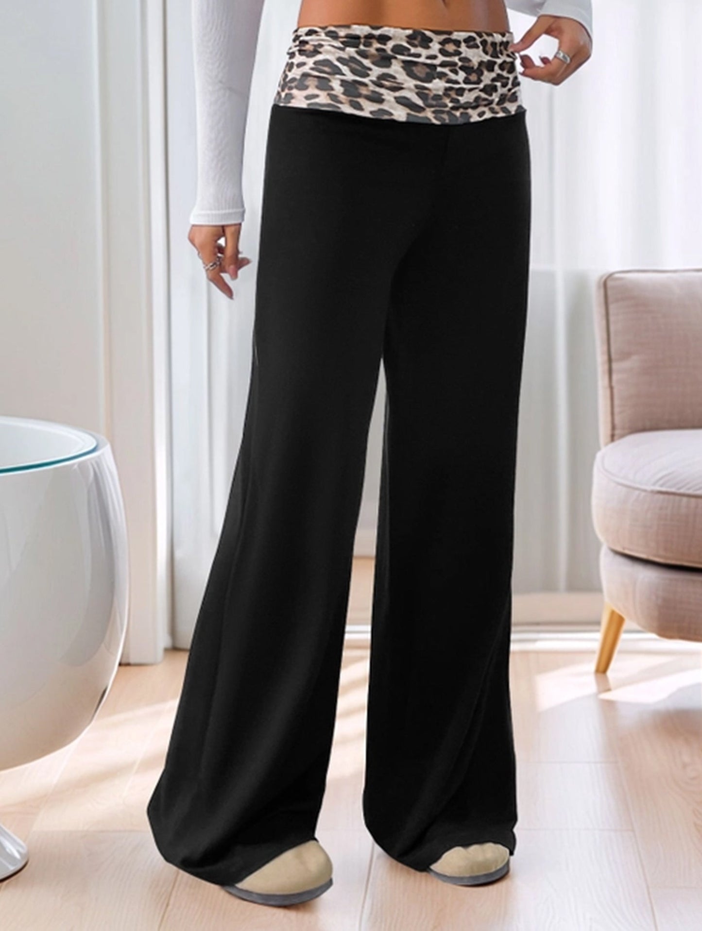 Color-blocking leopard print wide-leg pants