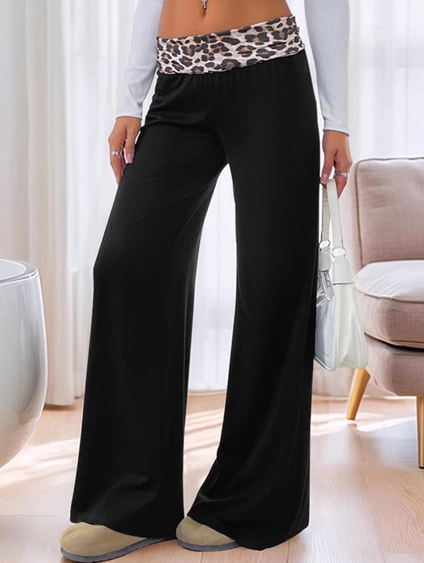 Color-blocking leopard print wide-leg pants