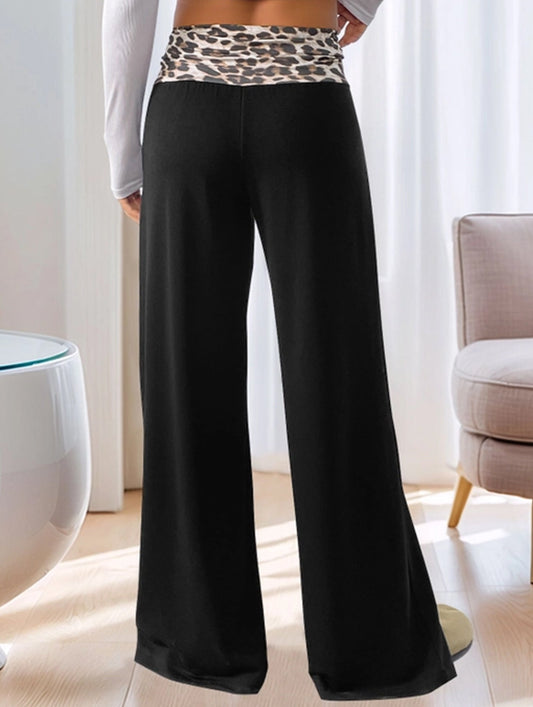 Color-blocking leopard print wide-leg pants