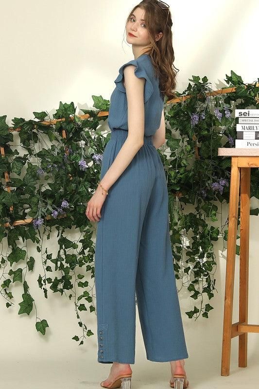 BANDED SMOCKING LONG PANTS WITH BUTTON DETAILED - Doublju