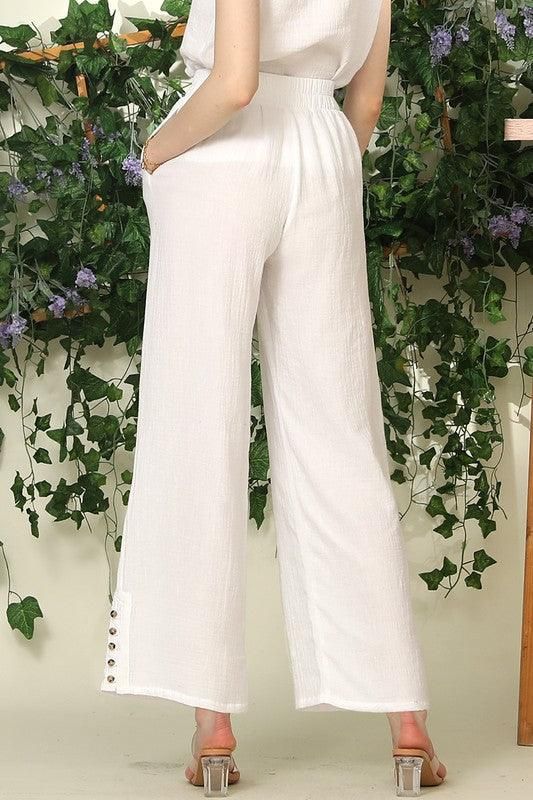BANDED SMOCKING LONG PANTS WITH BUTTON DETAILED - Doublju