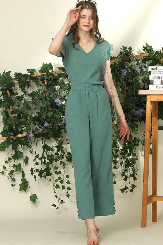 BANDED SMOCKING LONG PANTS WITH BUTTON DETAILED - Doublju