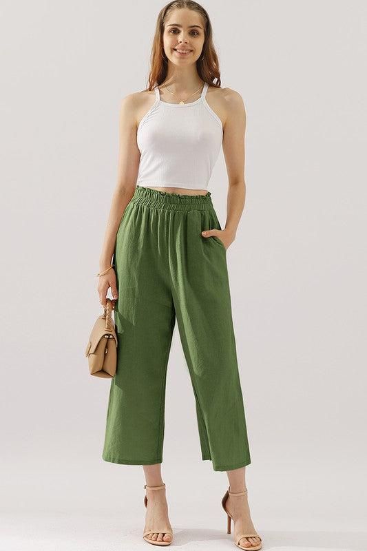 EASY PULL ON LINEN CAPRIS PANTS WITH SIDE POCKET - Doublju