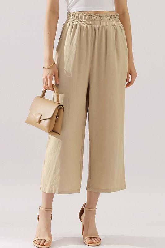 EASY PULL ON LINEN CAPRIS PANTS WITH SIDE POCKET - Doublju