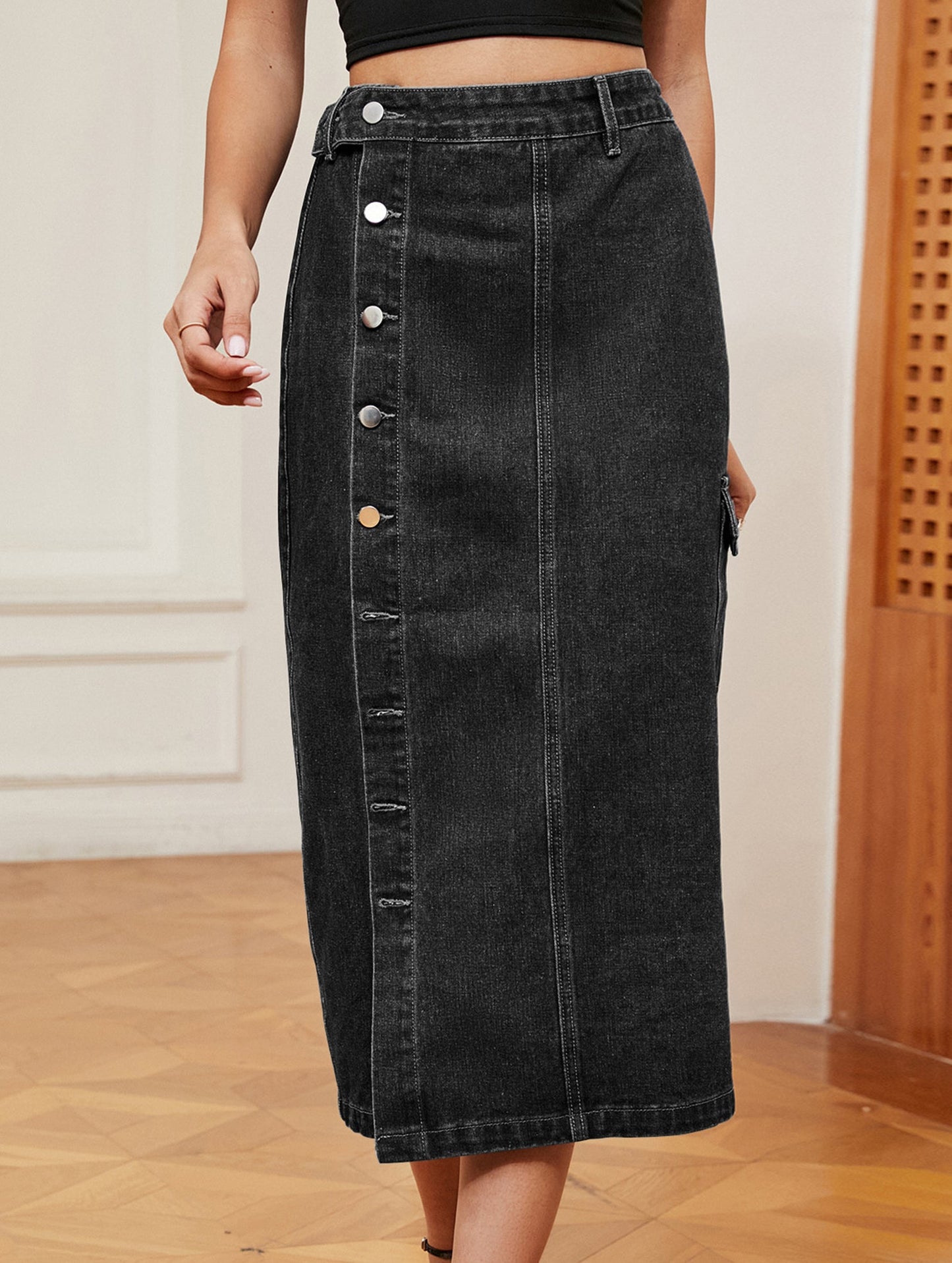 Casual semi-elastic denim work skirt