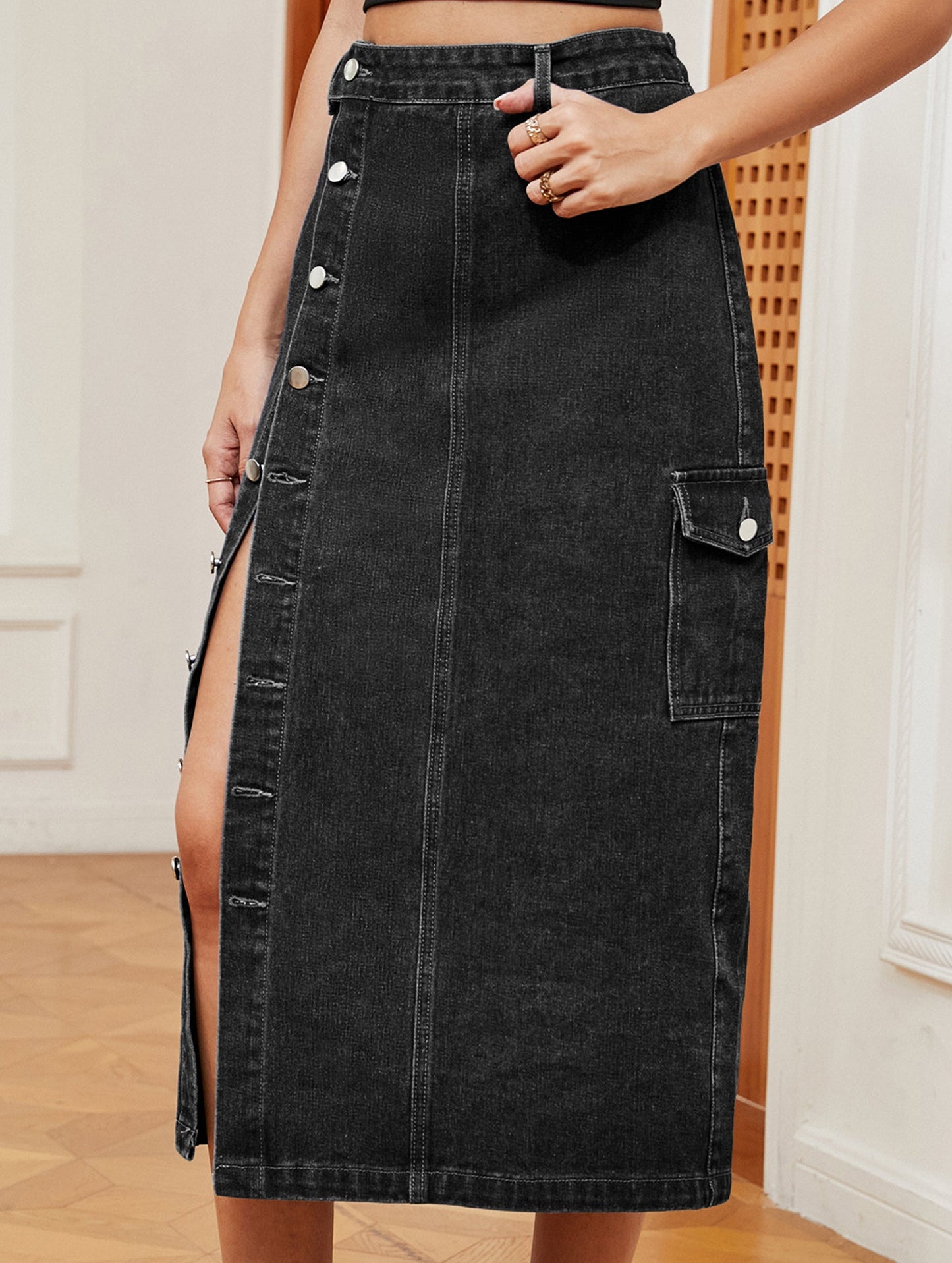 Casual semi-elastic denim work skirt