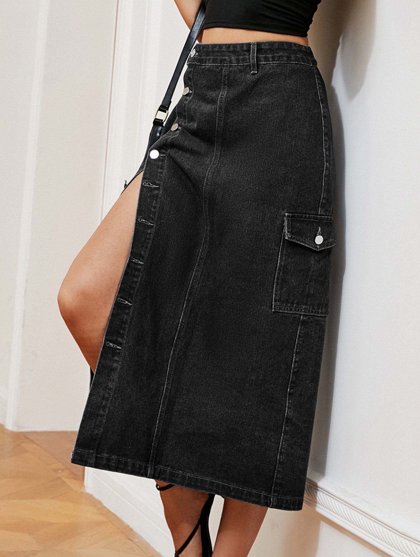 Casual semi-elastic denim work skirt