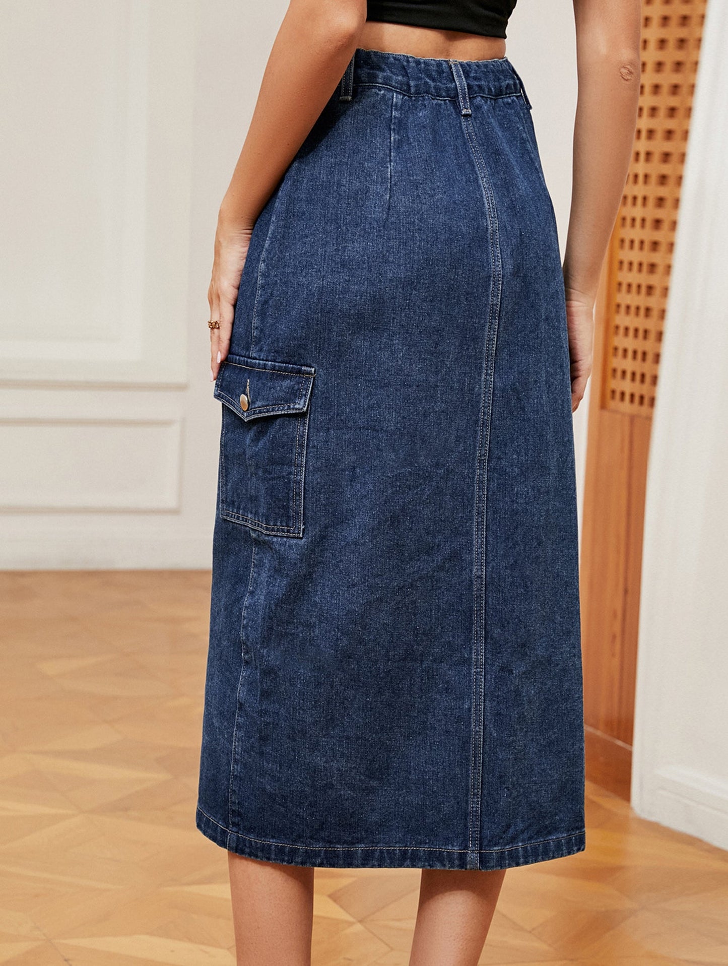 Casual semi-elastic denim work skirt