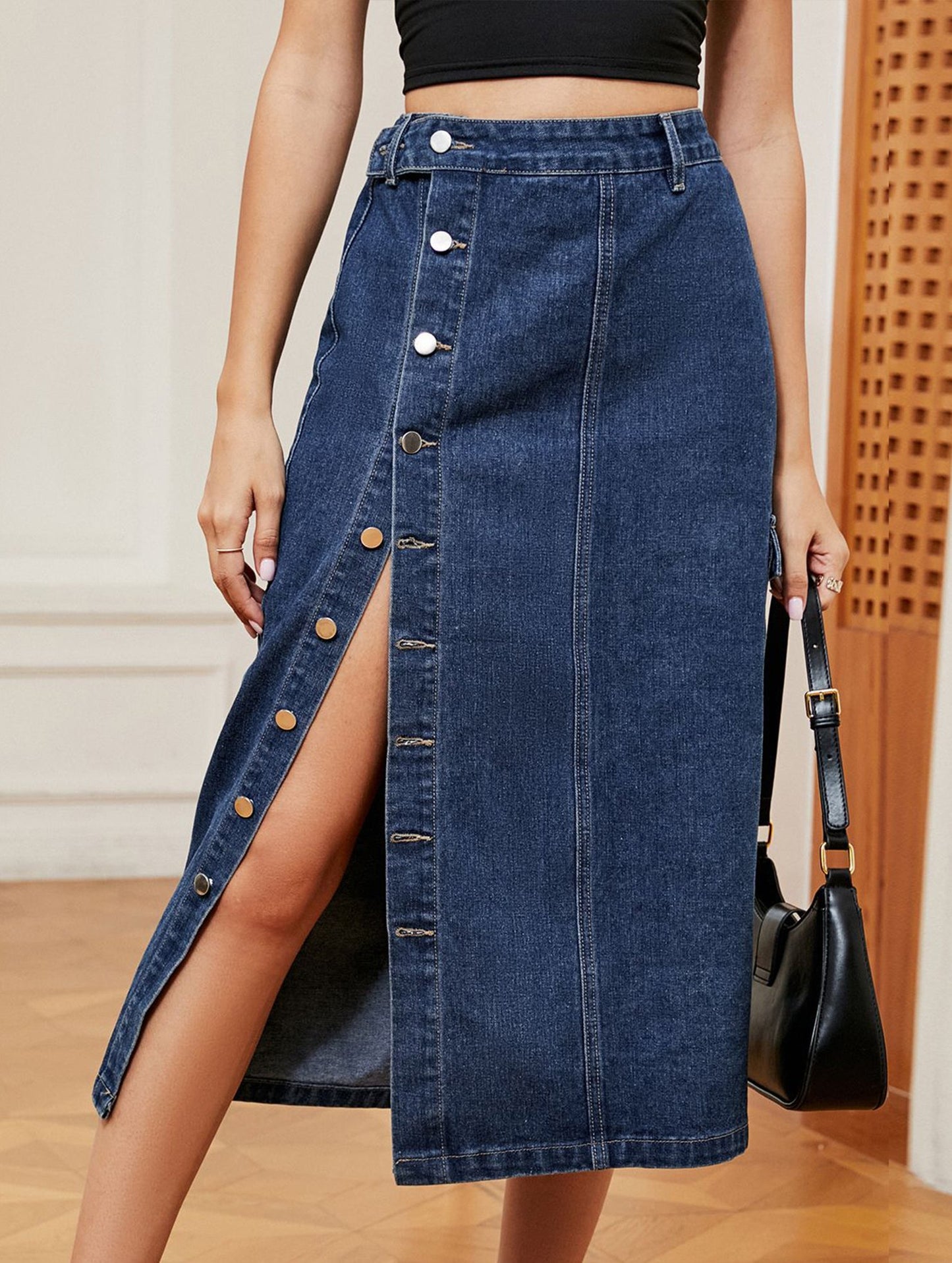 Casual semi-elastic denim work skirt