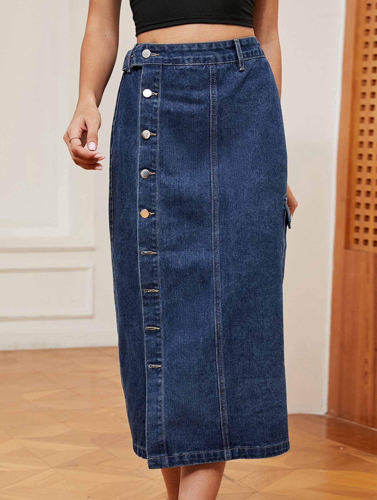 Casual semi-elastic denim work skirt