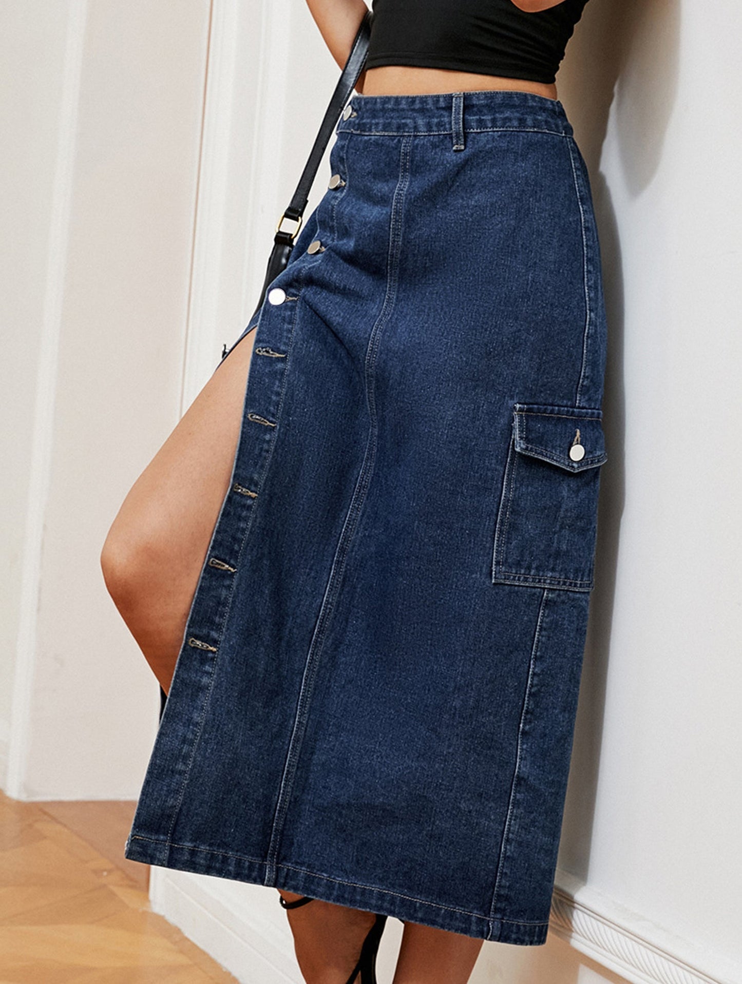 Casual semi-elastic denim work skirt