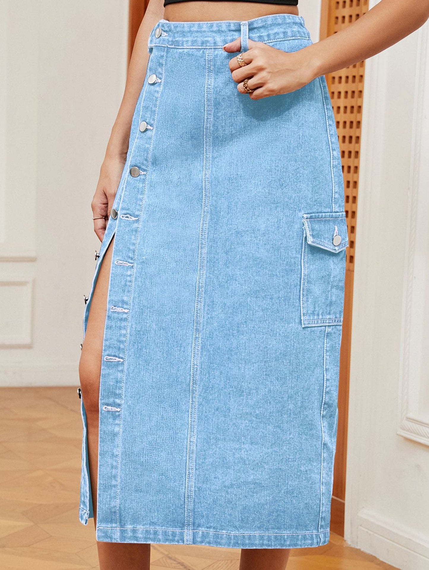 Casual semi-elastic denim work skirt