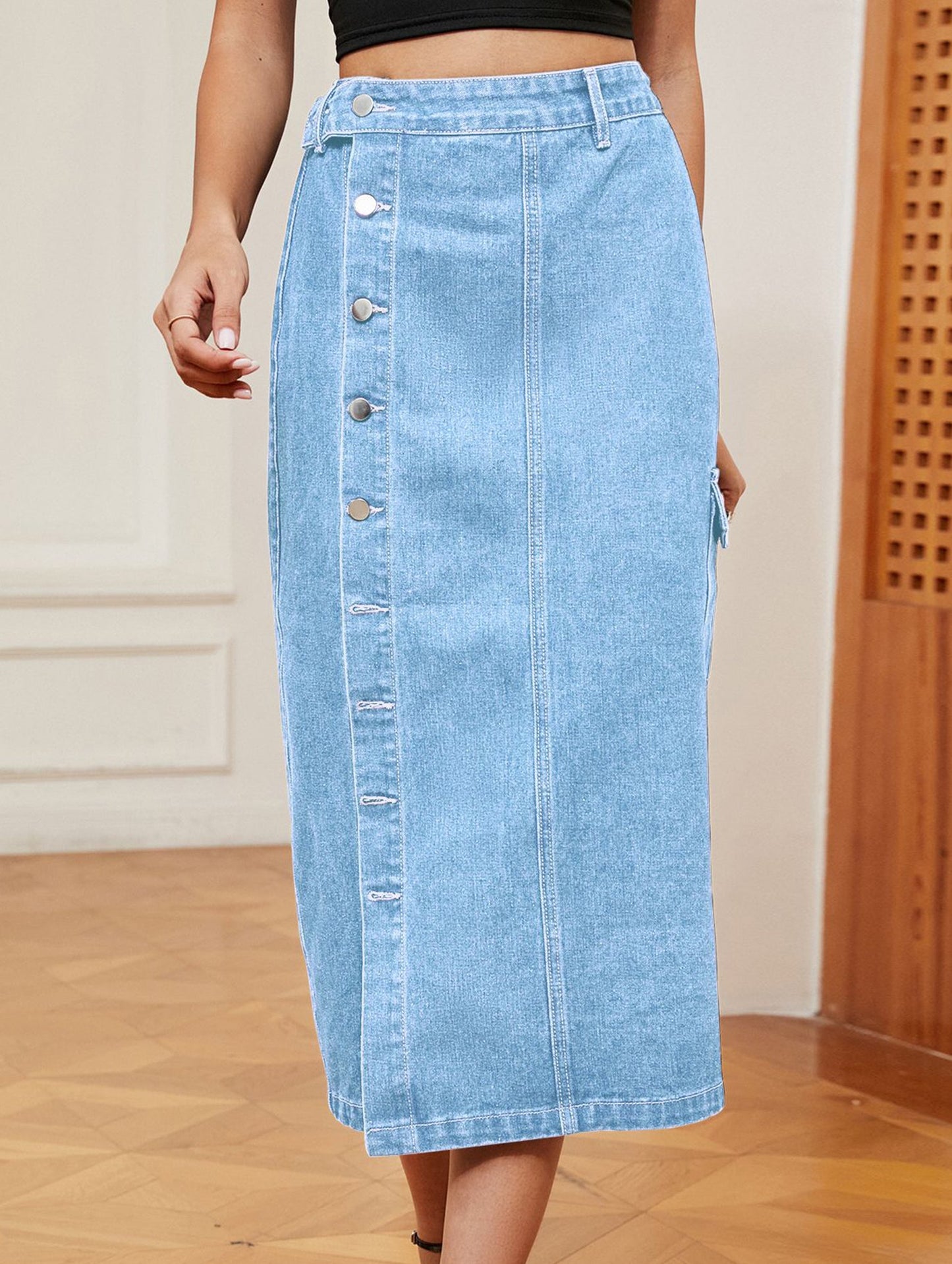 Casual semi-elastic denim work skirt