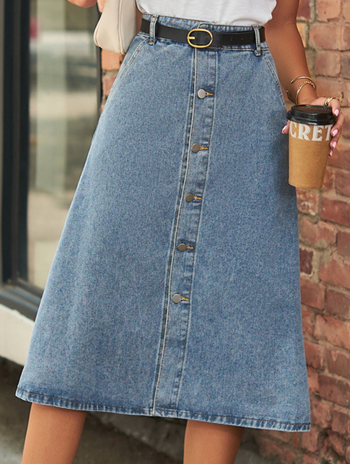 Washed denim button-down skirt