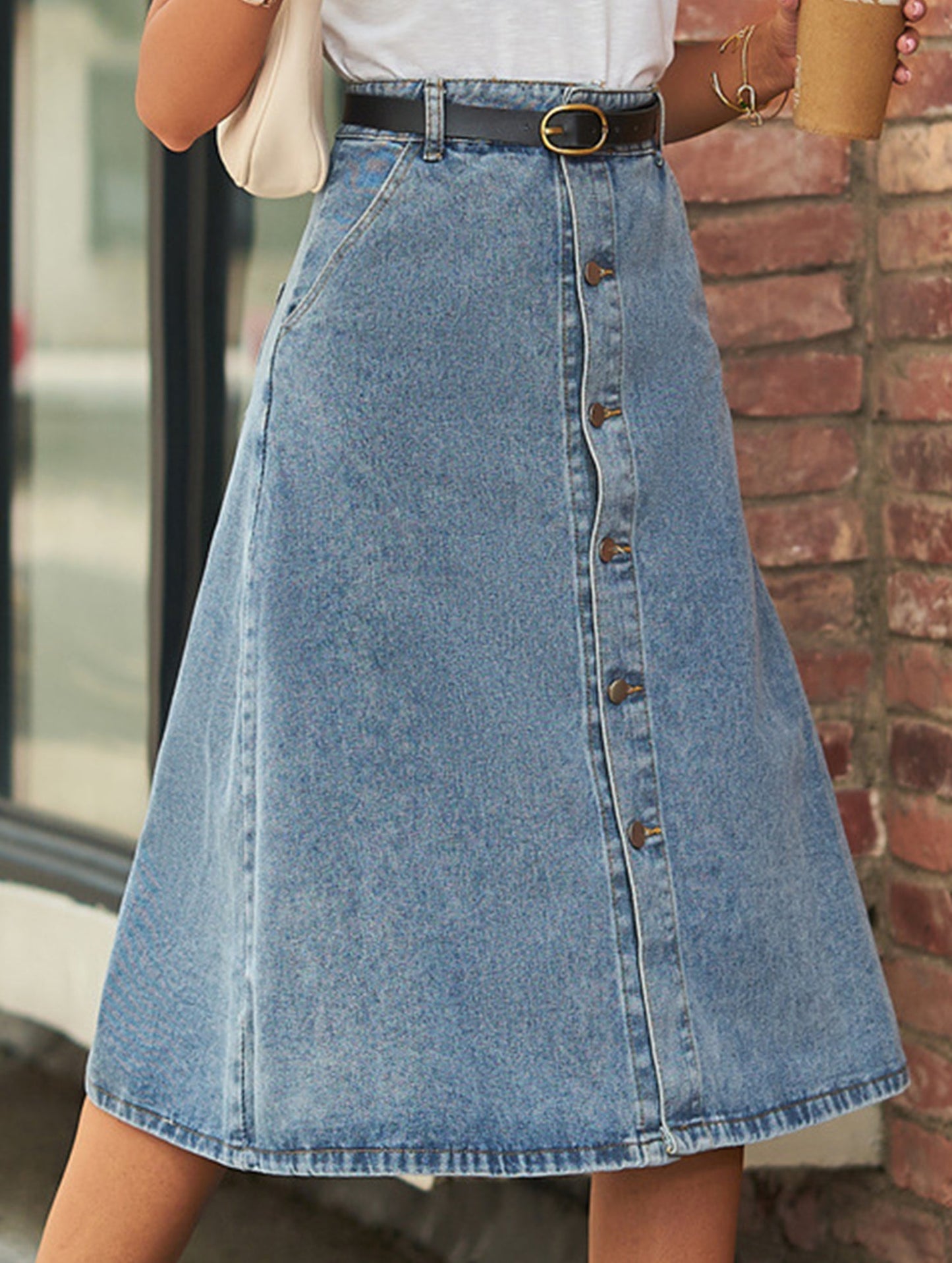 Washed denim button-down skirt