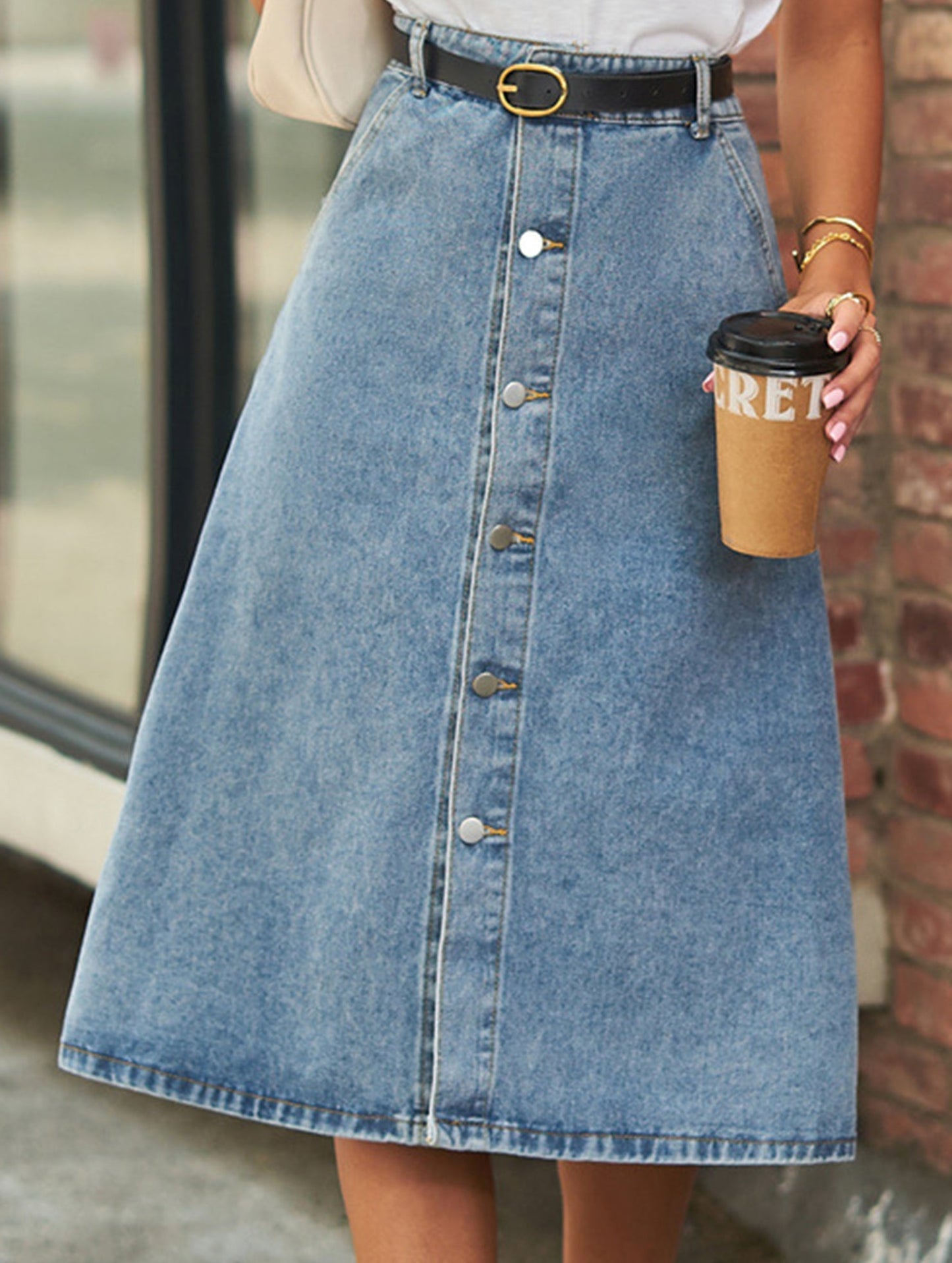 Washed denim button-down skirt