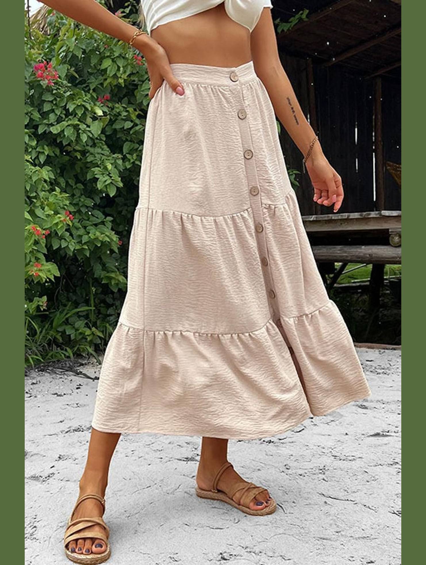 BUTTON DETAILED FLARE SKIRT - Doublju