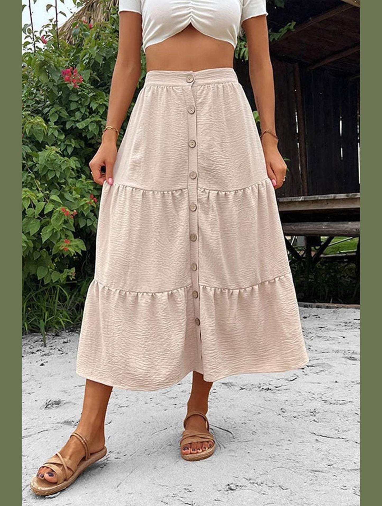 BUTTON DETAILED FLARE SKIRT - Doublju
