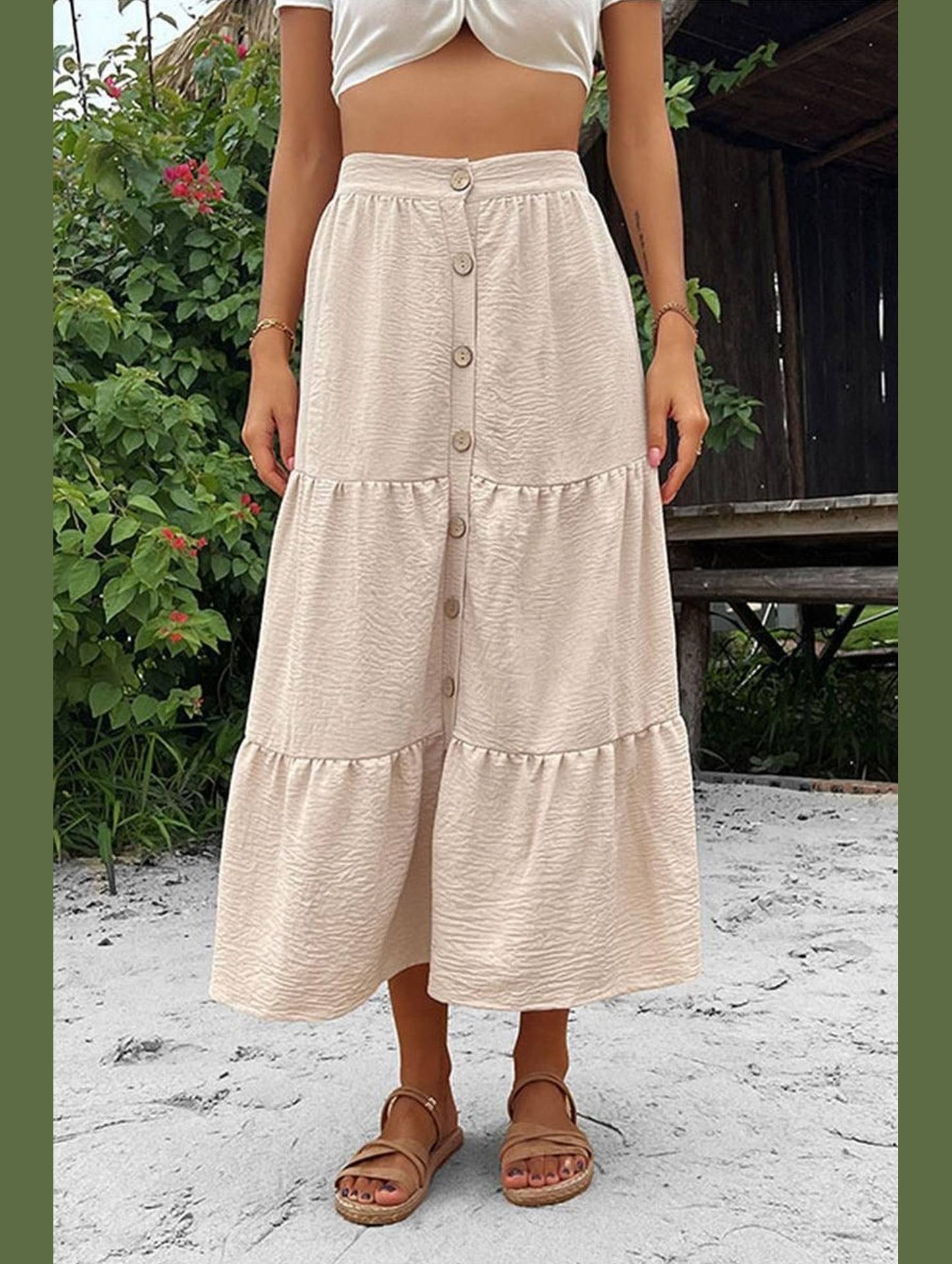 BUTTON DETAILED FLARE SKIRT - Doublju