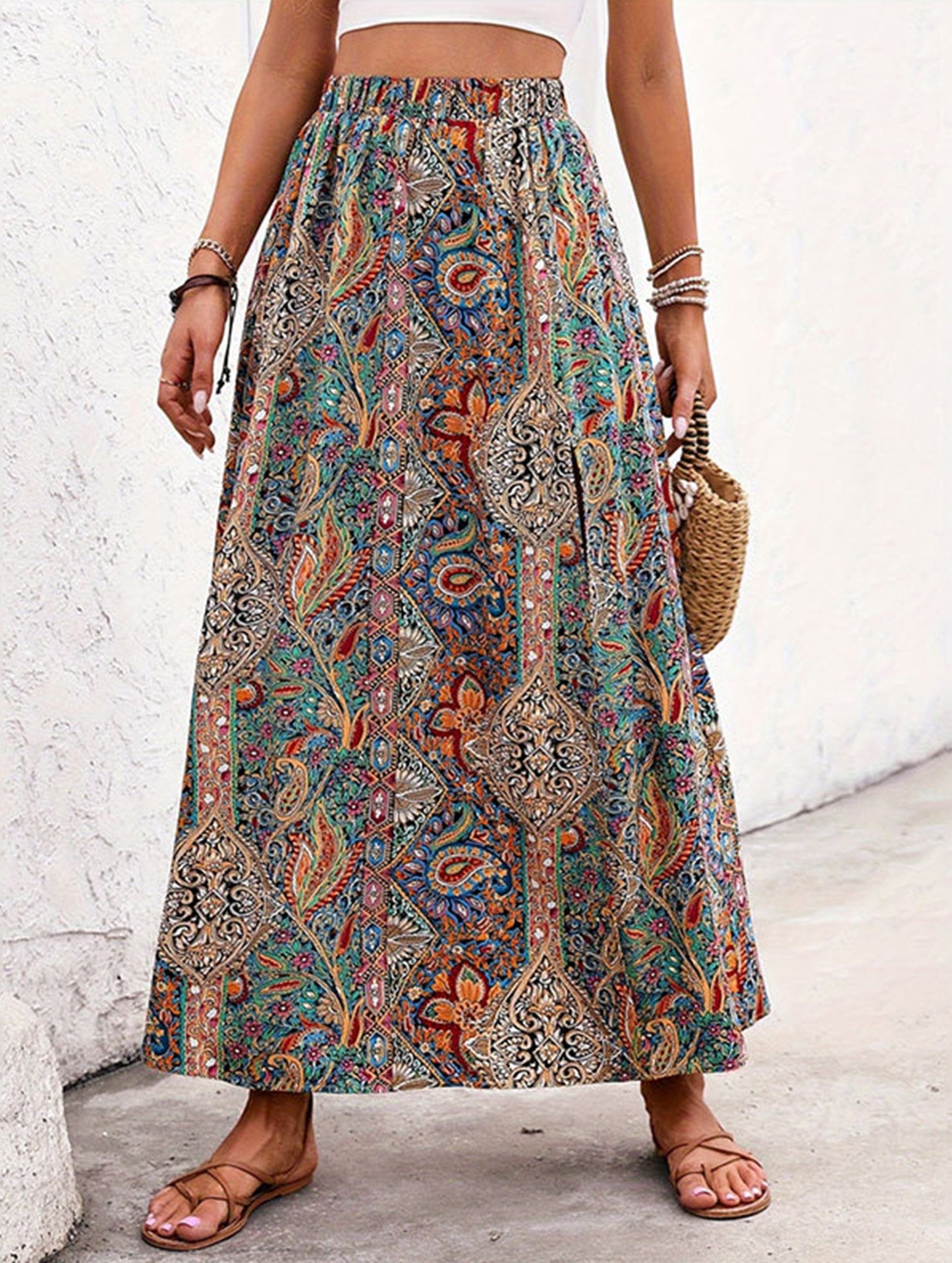 Famous Style Print Slit A-Line Skirt - S-XL