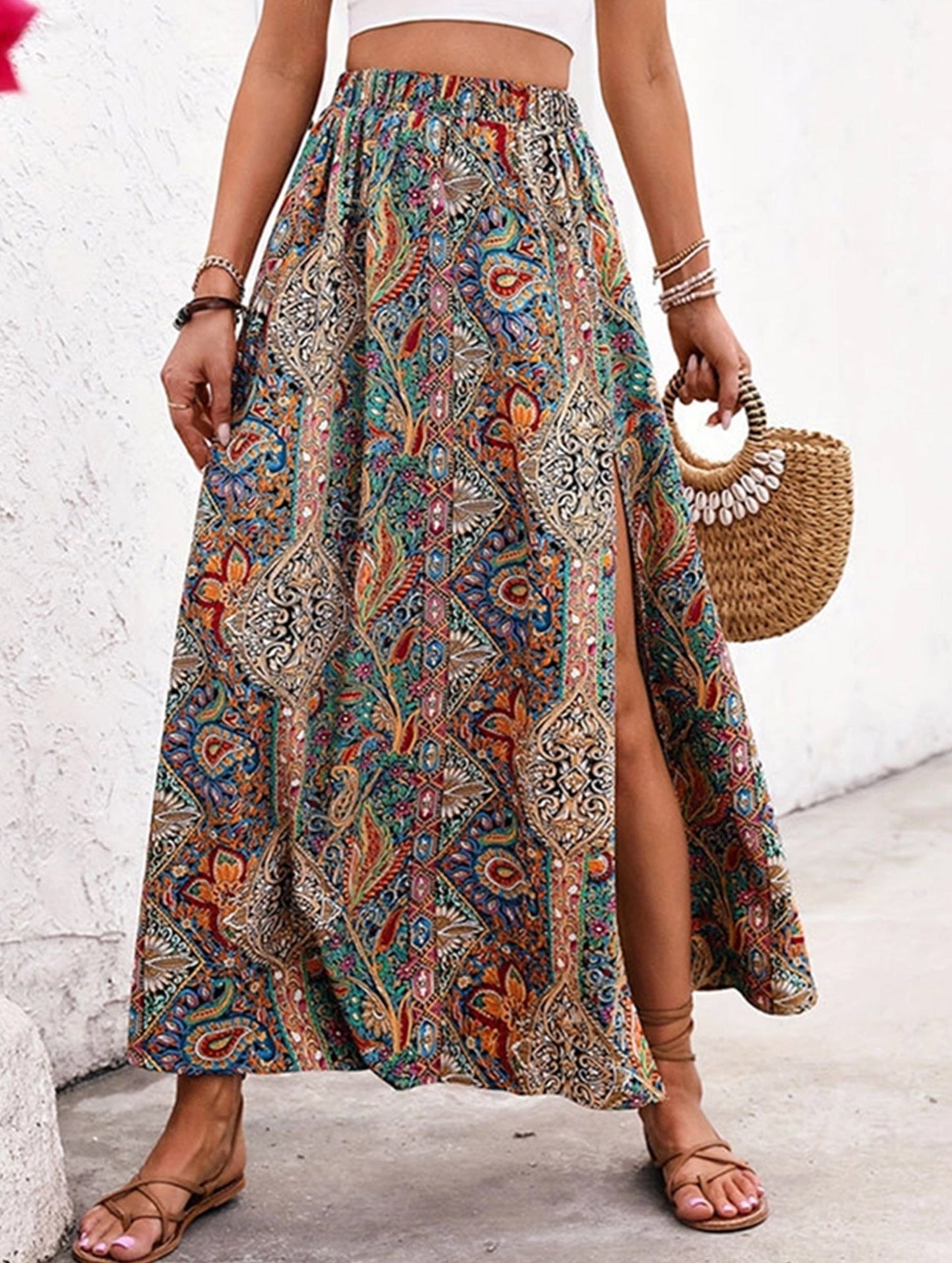 Famous Style Print Slit A-Line Skirt - S-XL