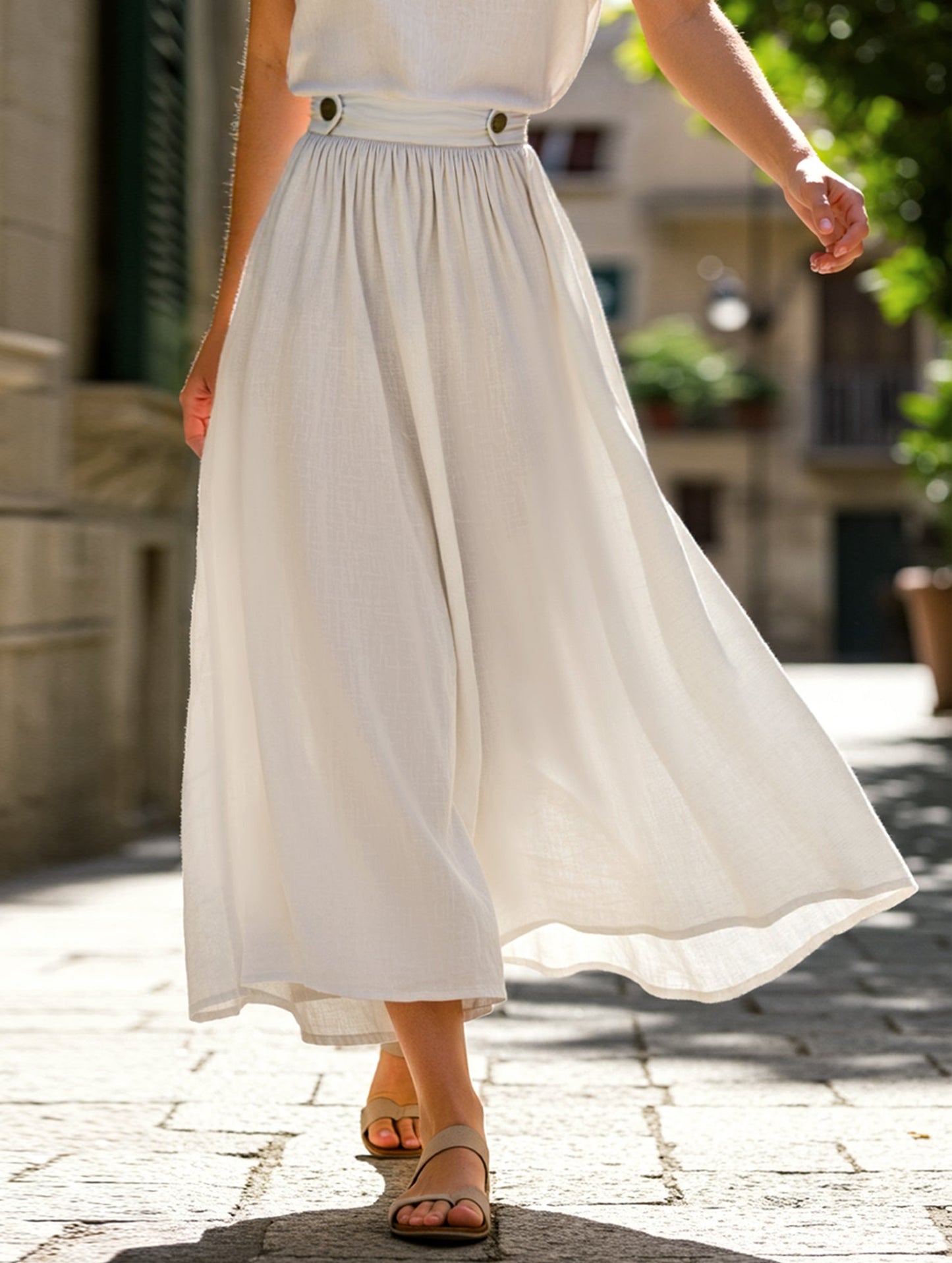 Solid Color Waist Drop Slimming Hemline Skirt ??Elegant Cotton Linen Midi Skirt