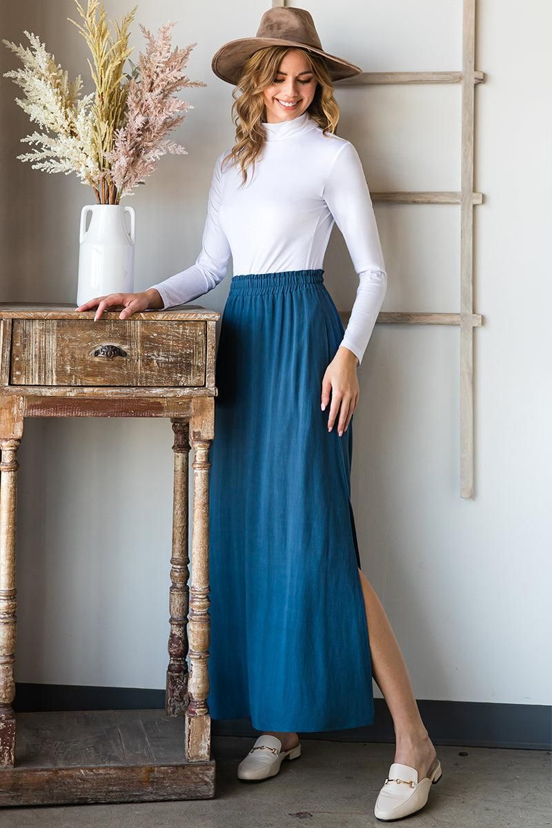 SIDE SLIT DETAILED MAXI LINEN SKIRT - Doublju