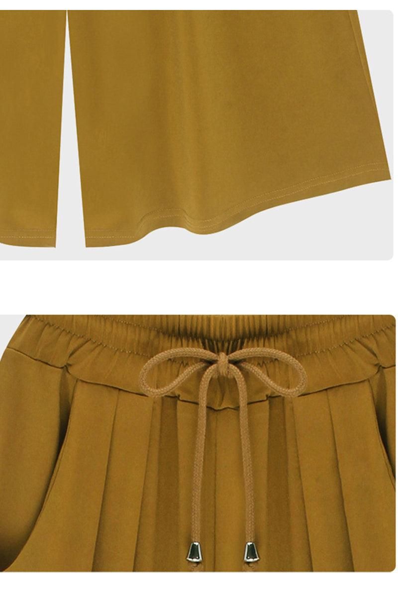 HIGH WAIST DRAWSTRING THREE QUARTERS PANTS - Doublju