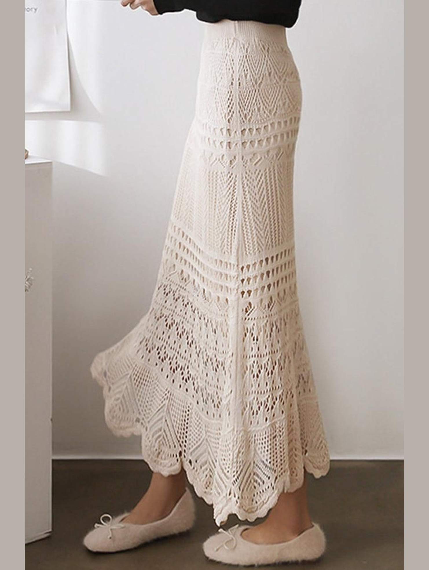 CROCHET HOLLOW KNITTED MIDI LENGTH SKIRT - Doublju