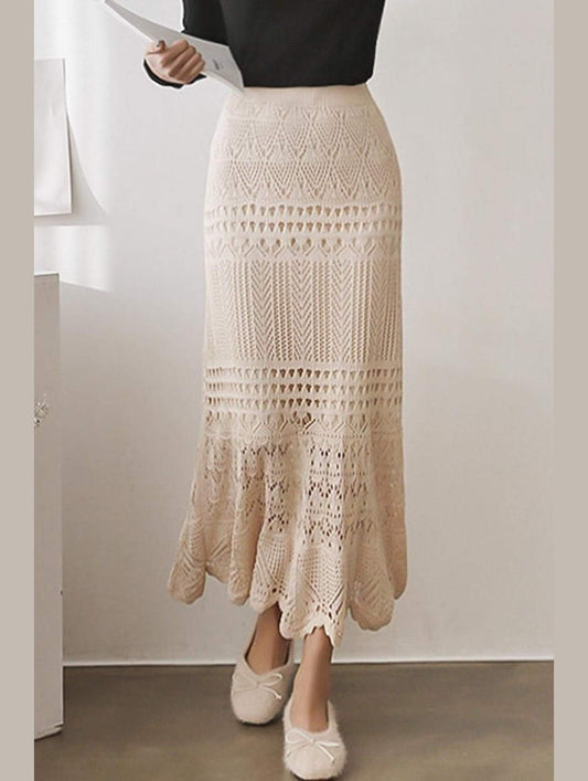 CROCHET HOLLOW KNITTED MIDI LENGTH SKIRT - Doublju