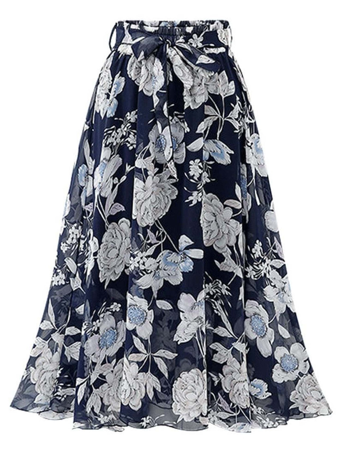 FLORAL PATTERN WAIST TIE CHIFFON MIDI DRESS - Doublju