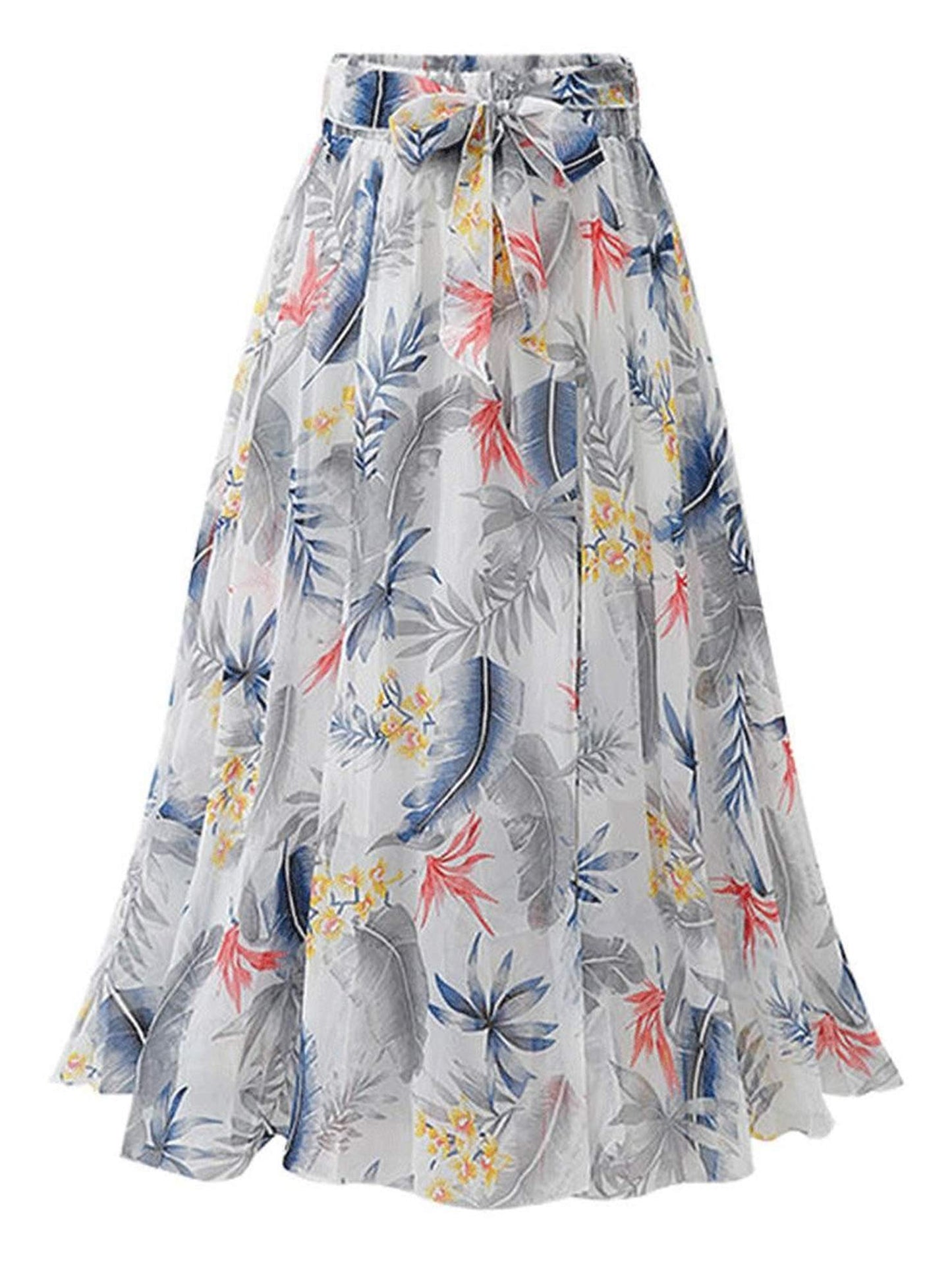 FLORAL PATTERN WAIST TIE CHIFFON MIDI DRESS - Doublju