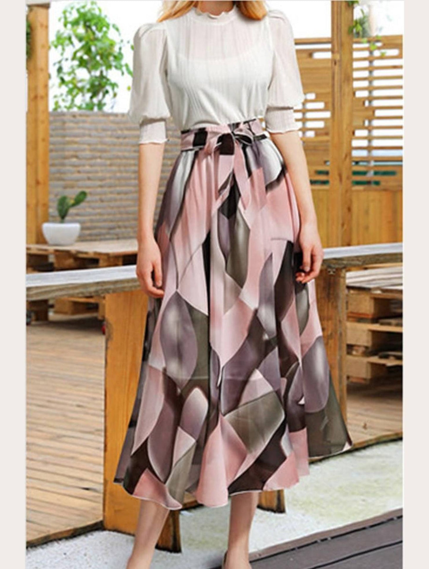 FLORAL PATTERN WAIST TIE CHIFFON MIDI DRESS - Doublju