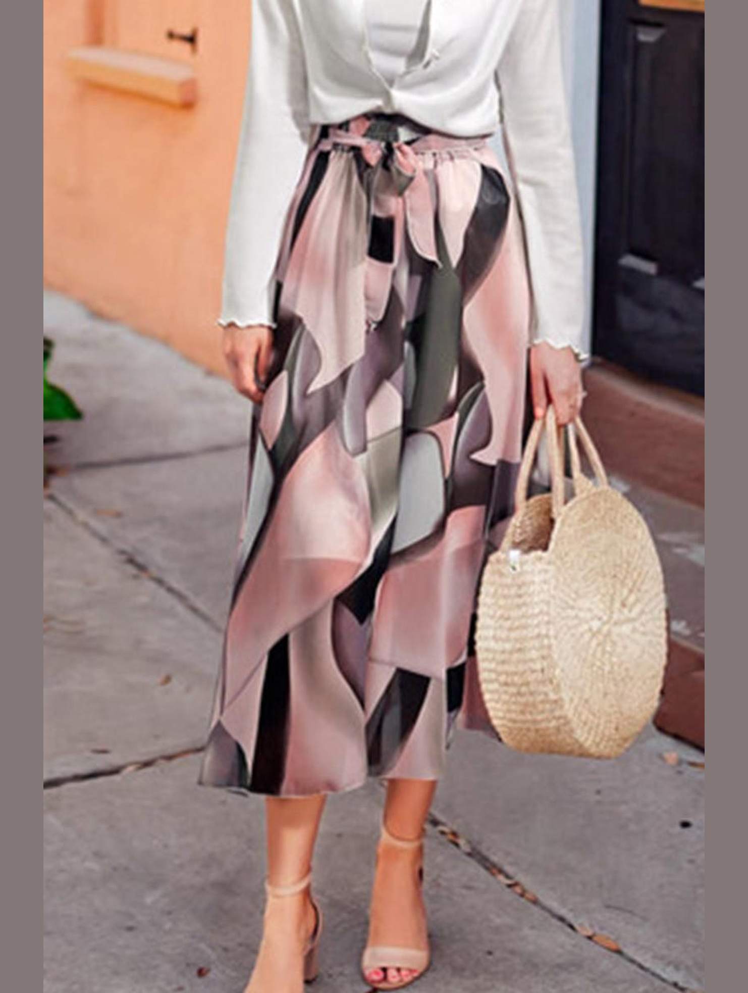 FLORAL PATTERN WAIST TIE CHIFFON MIDI DRESS - Doublju