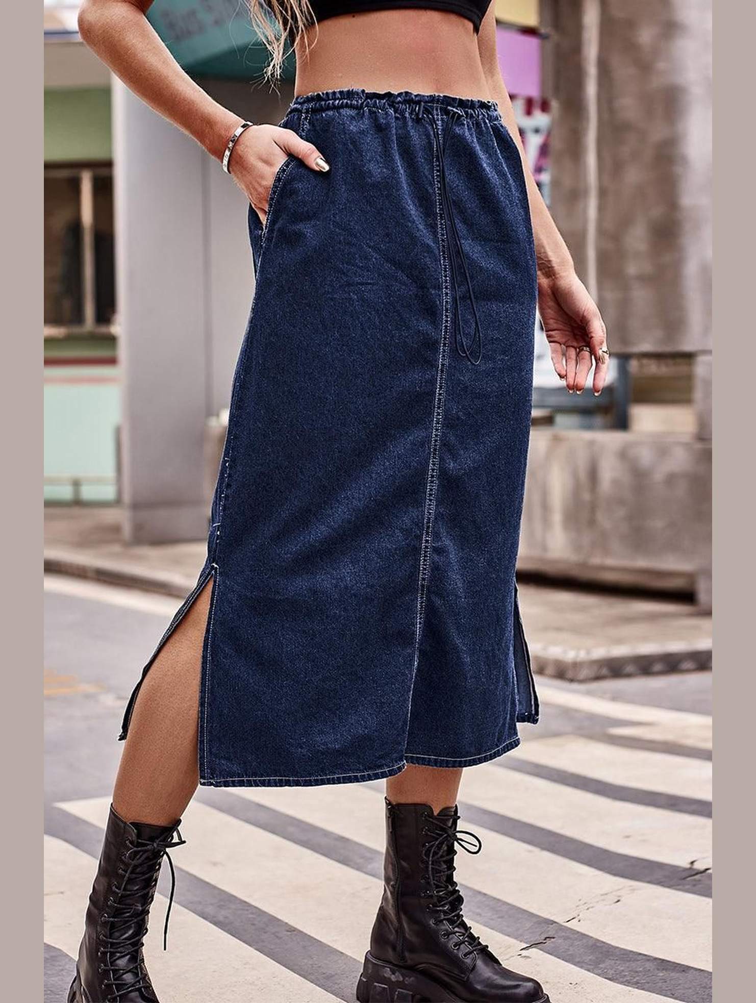 SIDE SLIT CASUAL DENIM MIDI SKIRT - Doublju