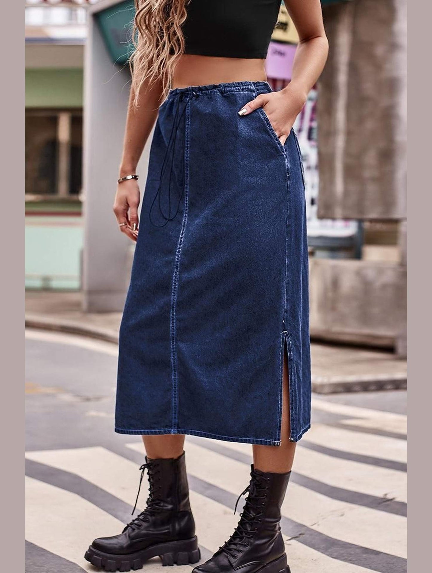 SIDE SLIT CASUAL DENIM MIDI SKIRT - Doublju